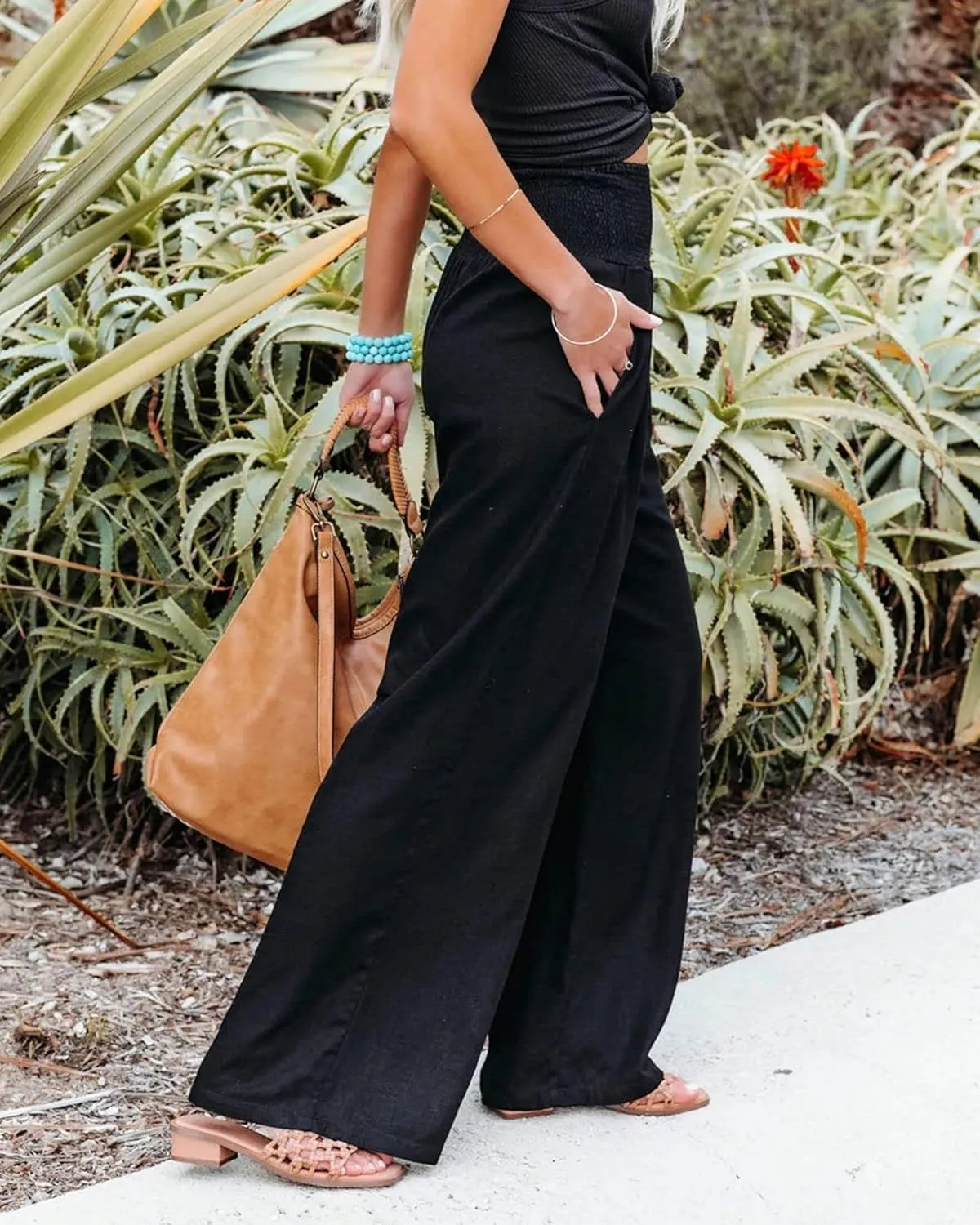 Women Linen Palazzo Pants High Waist Pant Wide Leg Flowy Pants Beach Vacation Clothes Casual Lounge Outfits