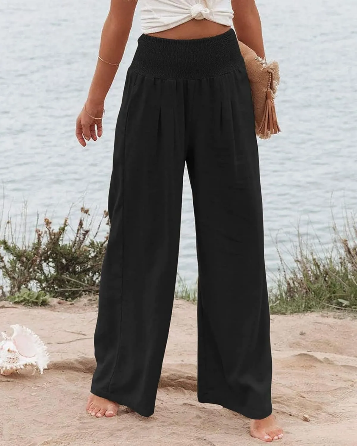 Women Linen Palazzo Pants High Waist Pant Wide Leg Flowy Pants Beach Vacation Clothes Casual Lounge Outfits