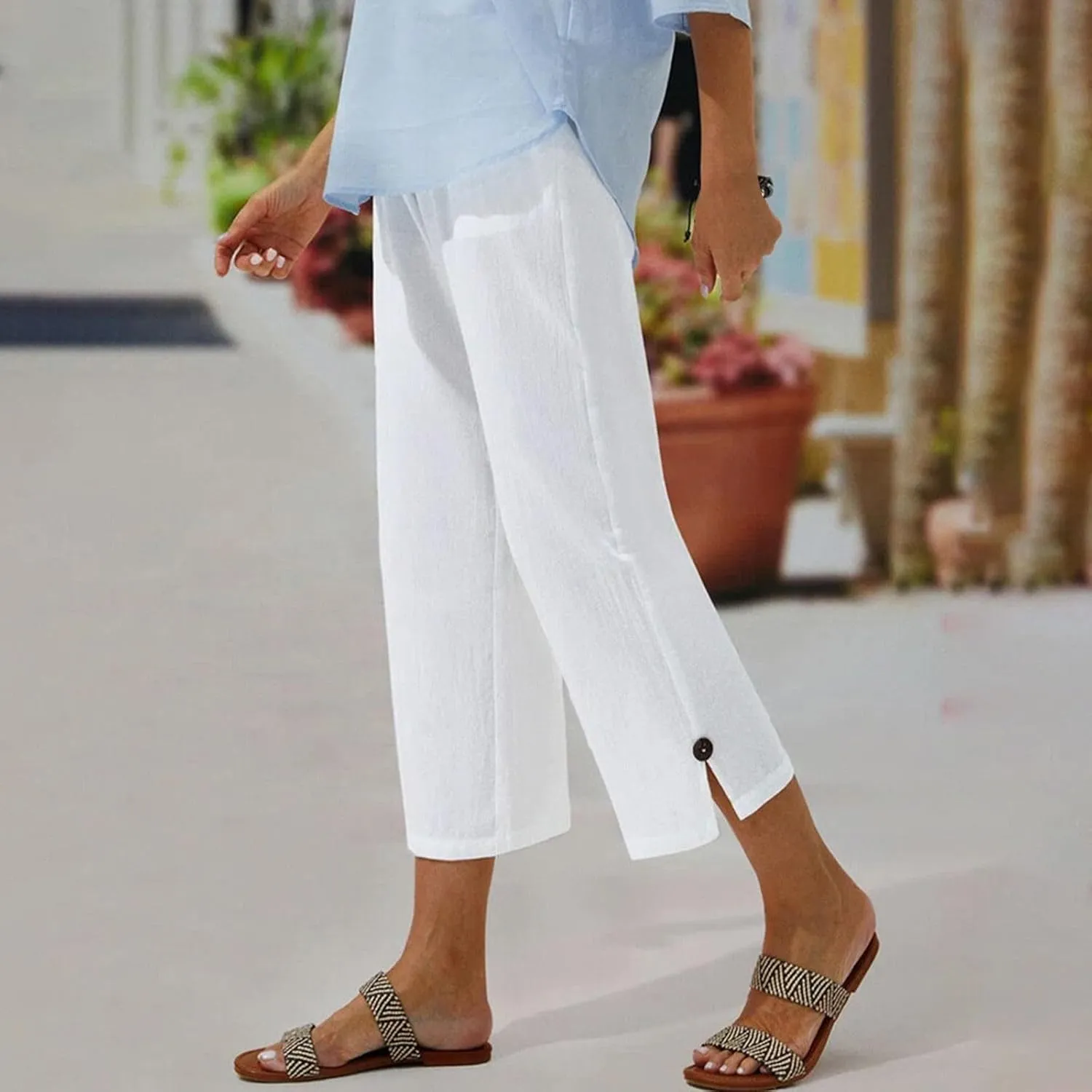 Women Linen Pants Summer and Linen Buttoned Cropped Pants with Elastic Waist for Women's Womens Linen Pants Straight Leg