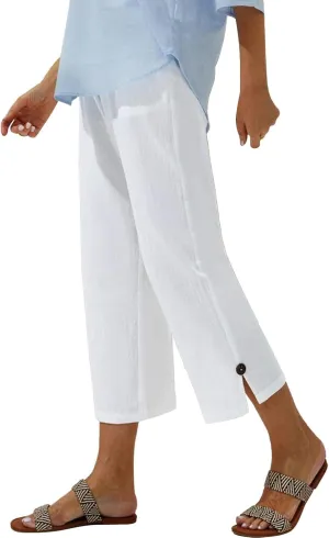 Women Linen Pants Summer and Linen Buttoned Cropped Pants with Elastic Waist for Women's Womens Linen Pants Straight Leg