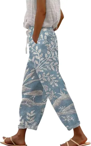 Women Linen Pants Waist Pants Drawstring Capri Pants with Pockets Wide Leg Cropped Pants for Women Lightweight Loose