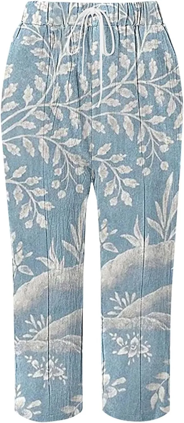 Women Linen Pants Waist Pants Drawstring Capri Pants with Pockets Wide Leg Cropped Pants for Women Lightweight Loose