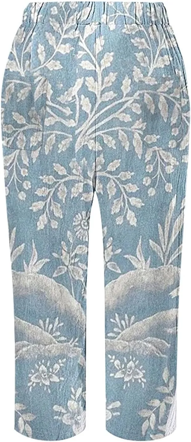 Women Linen Pants Waist Pants Drawstring Capri Pants with Pockets Wide Leg Cropped Pants for Women Lightweight Loose