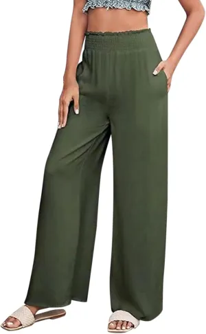 Women Linen Summer Pants Flowy Casual Wide Leg Beach Trousers Loose Elastic Waist Lounge Palazzo Pants with Pockets