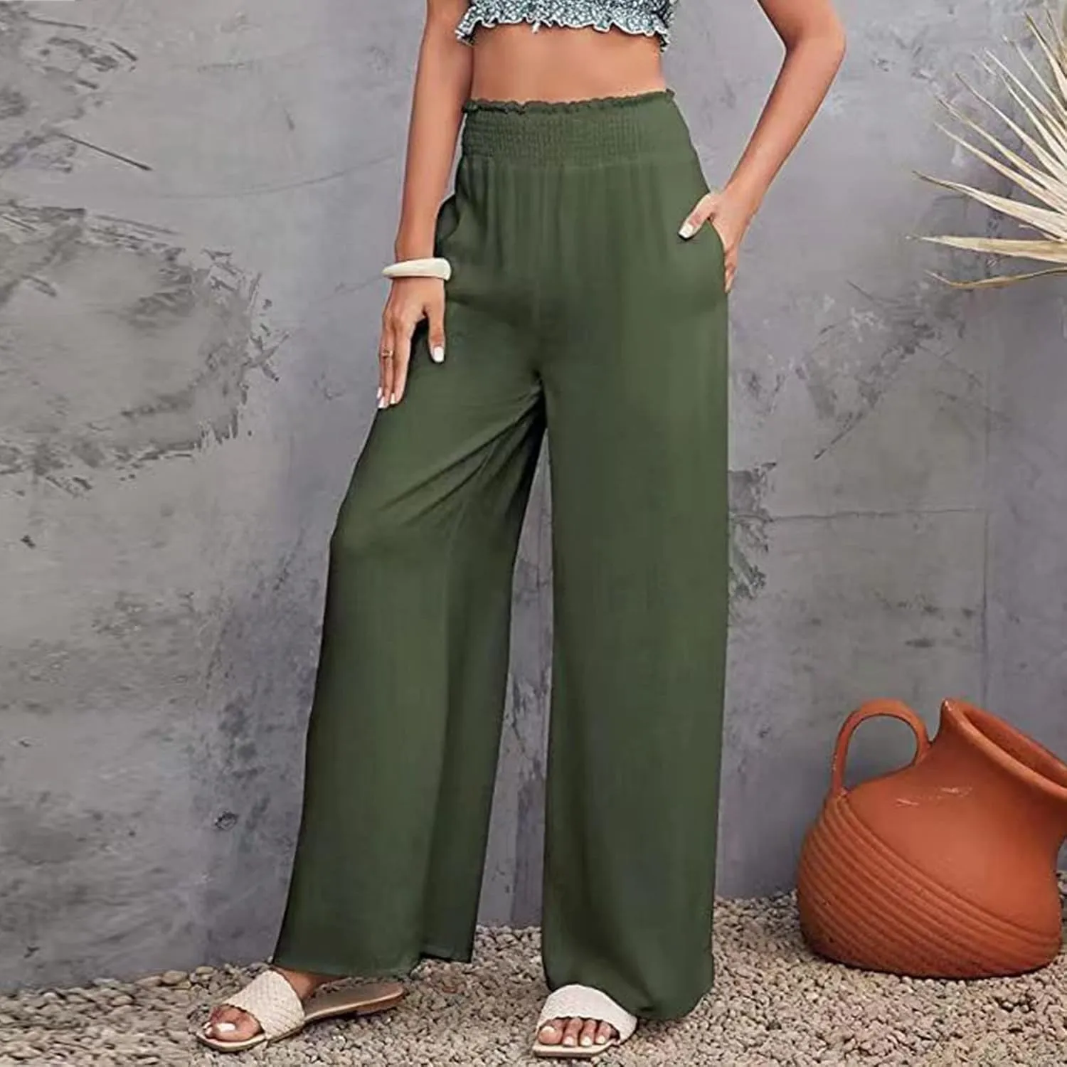 Women Linen Summer Pants Flowy Casual Wide Leg Beach Trousers Loose Elastic Waist Lounge Palazzo Pants with Pockets