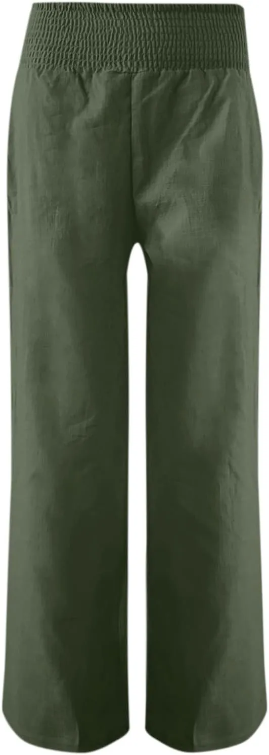 Women Linen Summer Pants Flowy Casual Wide Leg Beach Trousers Loose Elastic Waist Lounge Palazzo Pants with Pockets