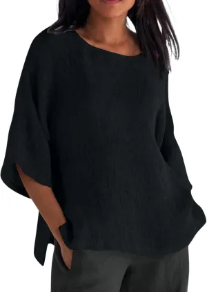 Women Linen T Shirt Casual 3/4 Batwing Sleeve Blouses Solid Color Sun Shirt Loose Pullover Tunic Top