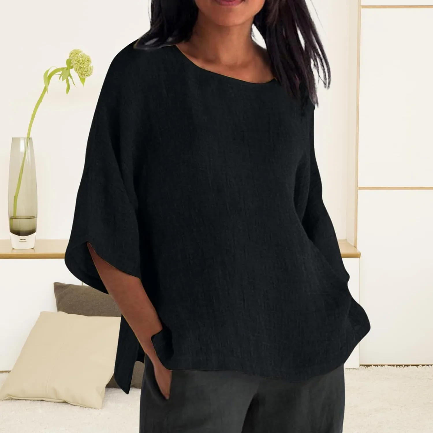 Women Linen T Shirt Casual 3/4 Batwing Sleeve Blouses Solid Color Sun Shirt Loose Pullover Tunic Top
