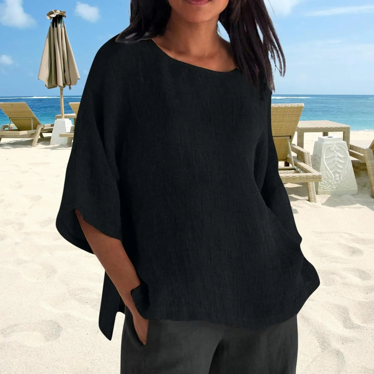 Women Linen T Shirt Casual 3/4 Batwing Sleeve Blouses Solid Color Sun Shirt Loose Pullover Tunic Top