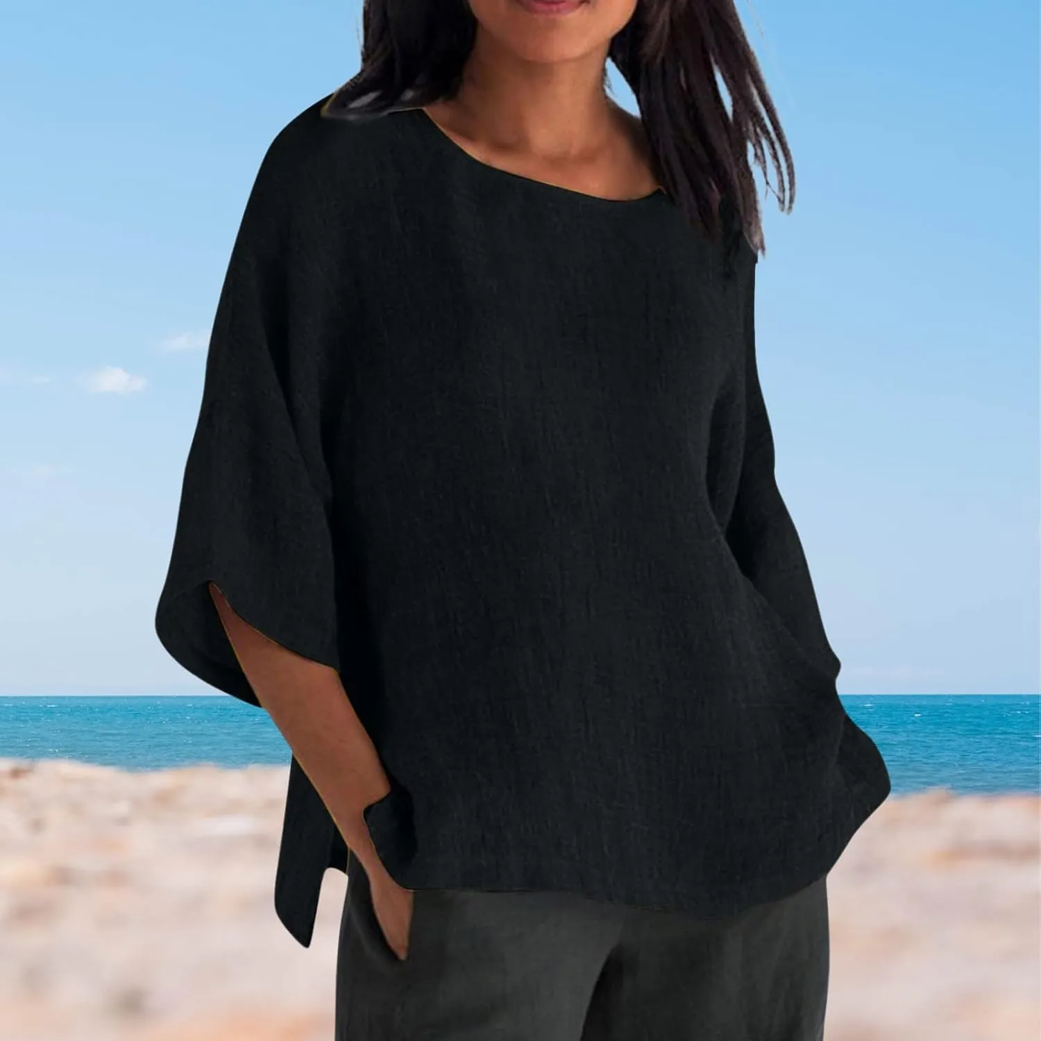 Women Linen T Shirt Casual 3/4 Batwing Sleeve Blouses Solid Color Sun Shirt Loose Pullover Tunic Top
