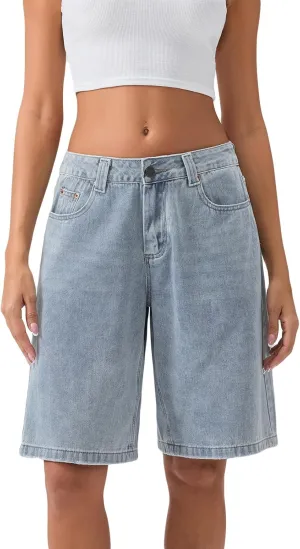 Women Long Baggy Jean Shorts Y2k Vintage Straight Leg Casual Knee Length Denim Bermuda Shorts Jorts with Pockets