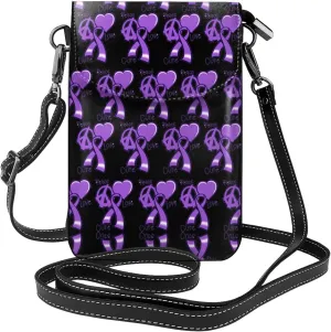 Women Small Crossbody Bag Phone Wallet Peace Love Cure Purple Ribbon Breast Cancer Awareness Cellphone Credit Card Purse With Adjustable Shoulder Strap