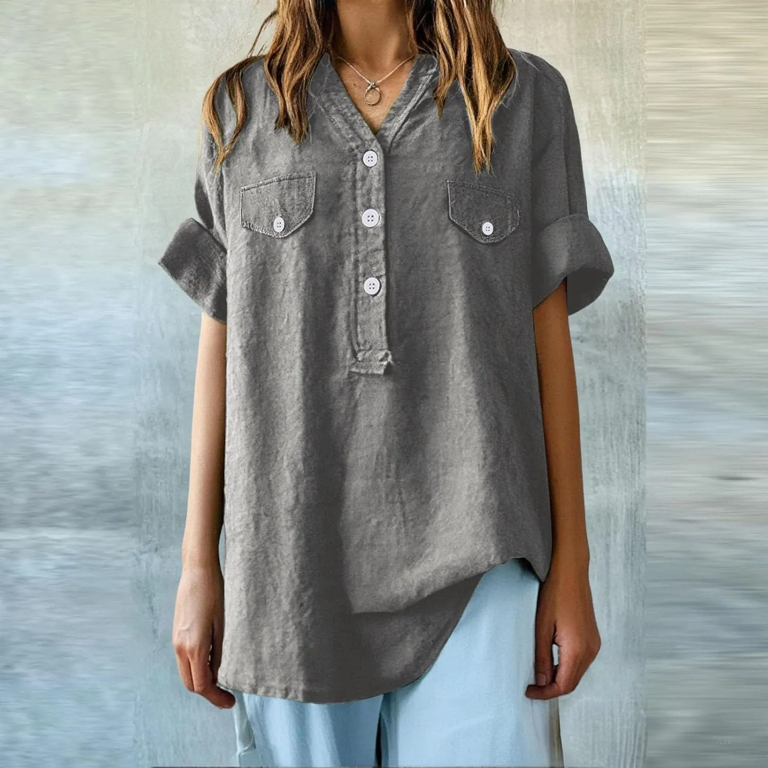 Women Summer Beach Linen Henley Shirts Short Sleeve Button v Neck Tunic Blouses 2025 Trendy Casual Loose Dressy Tops