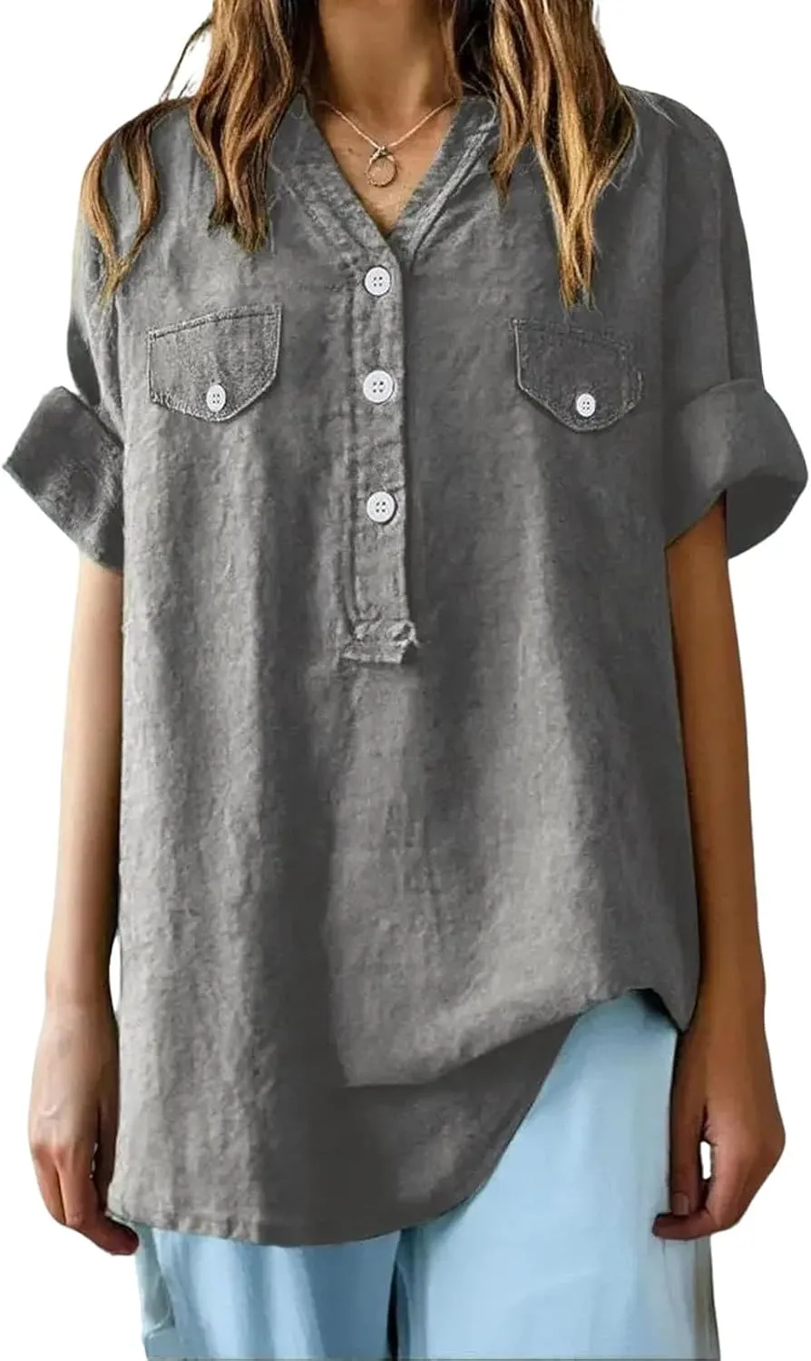 Women Summer Beach Linen Henley Shirts Short Sleeve Button v Neck Tunic Blouses 2025 Trendy Casual Loose Dressy Tops