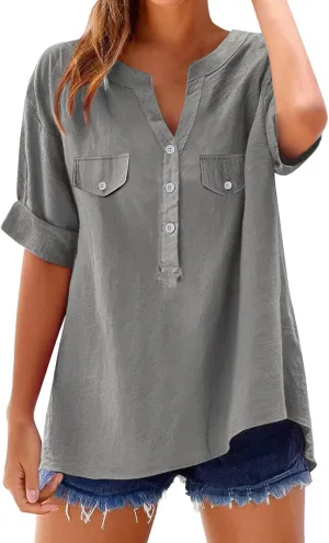 Women Summer Beach Linen Henley Shirts Short Sleeve Button v Neck Tunic Blouses 2025 Trendy Casual Loose Dressy Tops