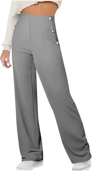 Women Tummy Control Button Pant High Waisted Wide Leg Pants Stretch Work Office Business Casual Trousers Pockets