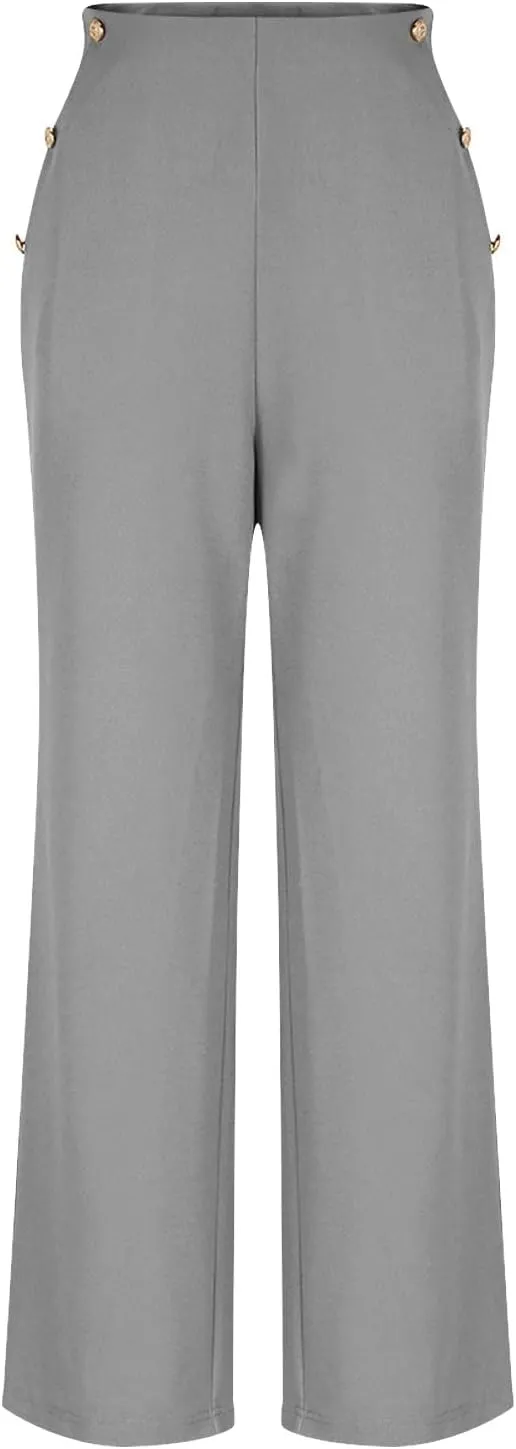 Women Tummy Control Button Pant High Waisted Wide Leg Pants Stretch Work Office Business Casual Trousers Pockets