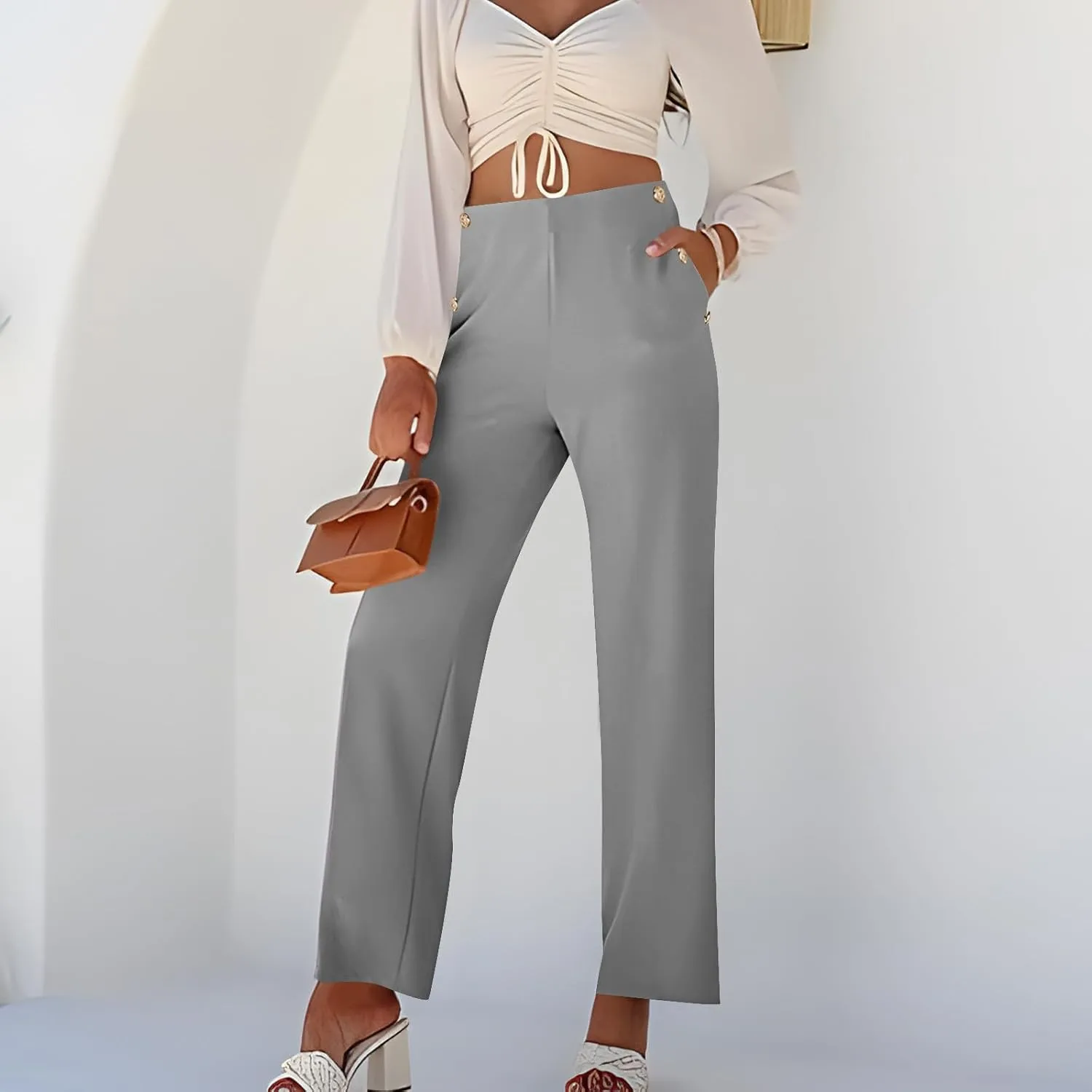 Women Tummy Control Button Pant High Waisted Wide Leg Pants Stretch Work Office Business Casual Trousers Pockets
