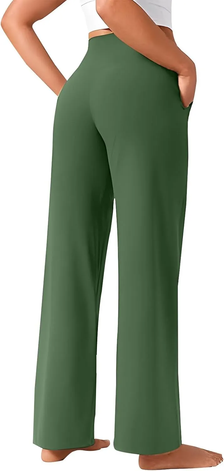 Women Wide Leg Yoga Pants with Pocket High Waist Straight Leg Dress Pants Tummy Control Leggings Flare Athletic Pant
