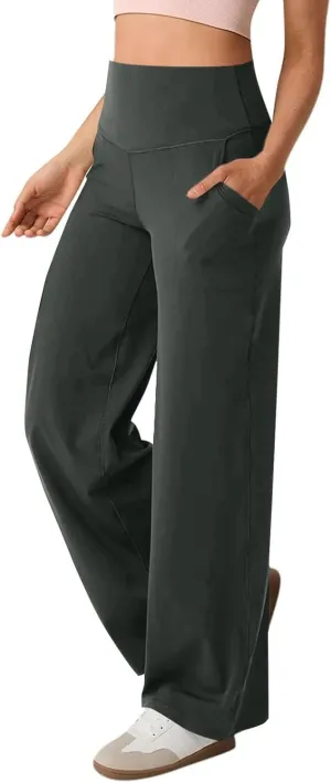 Women Wide Leg Yoga Pants with Pocket High Waist Straight Leg Dress Pants Tummy Control Leggings Flare Athletic Pant