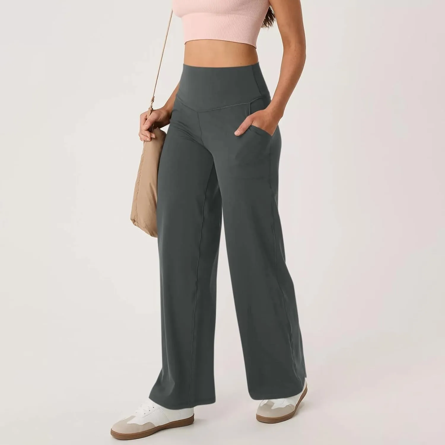 Women Wide Leg Yoga Pants with Pocket High Waist Straight Leg Dress Pants Tummy Control Leggings Flare Athletic Pant