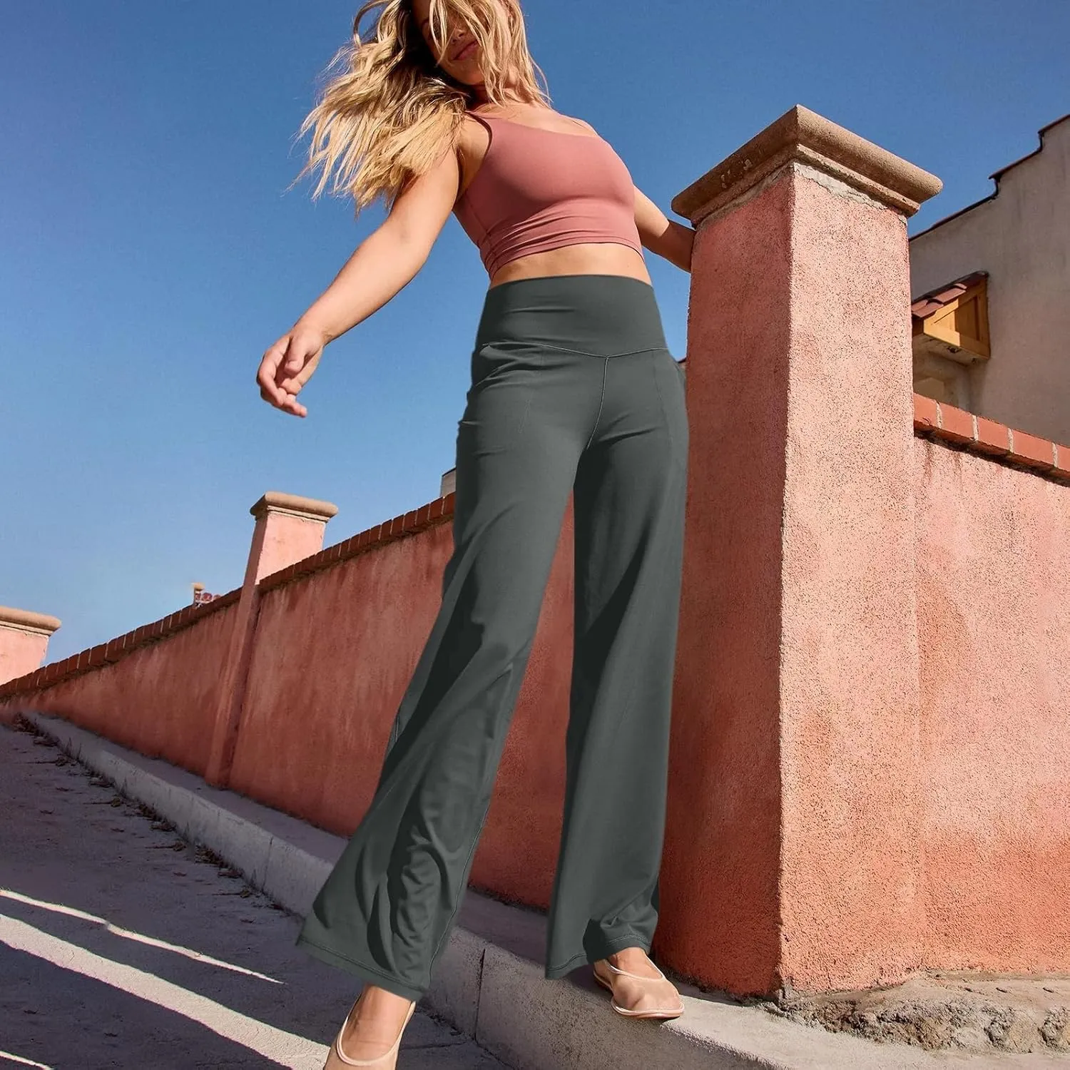 Women Wide Leg Yoga Pants with Pocket High Waist Straight Leg Dress Pants Tummy Control Leggings Flare Athletic Pant