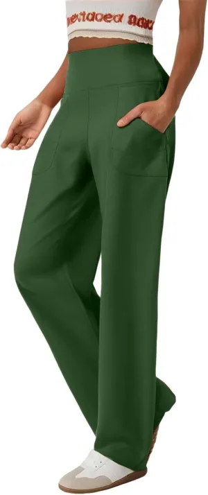 Women Wide Leg Yoga Pants with Pocket High Waist Straight Leg Dress Pants Tummy Control Leggings Flare Athletic Pant