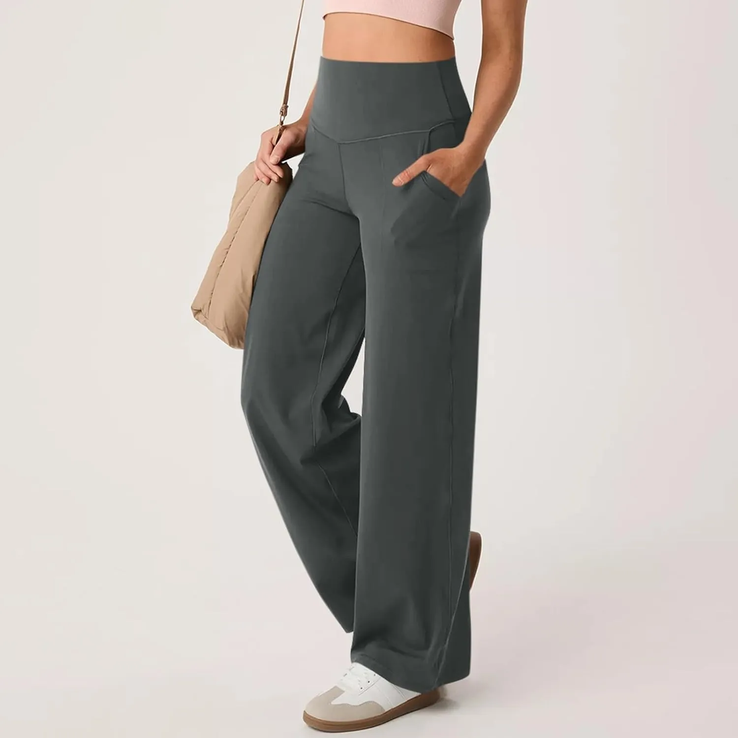 Women Wide Leg Yoga Pants with Pocket High Waist Straight Leg Dress Pants Tummy Control Leggings Flare Athletic Pant