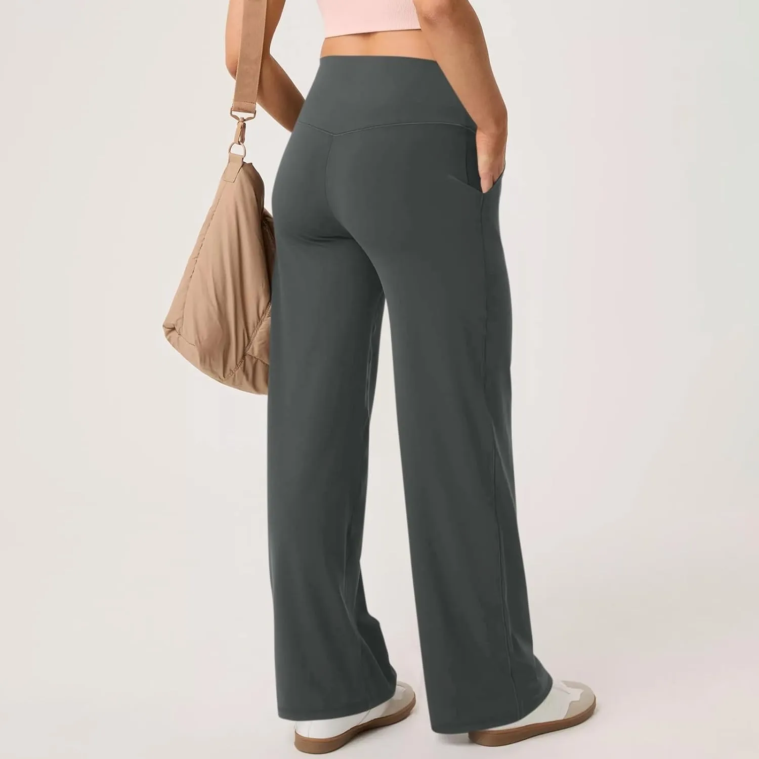 Women Wide Leg Yoga Pants with Pocket High Waist Straight Leg Dress Pants Tummy Control Leggings Flare Athletic Pant