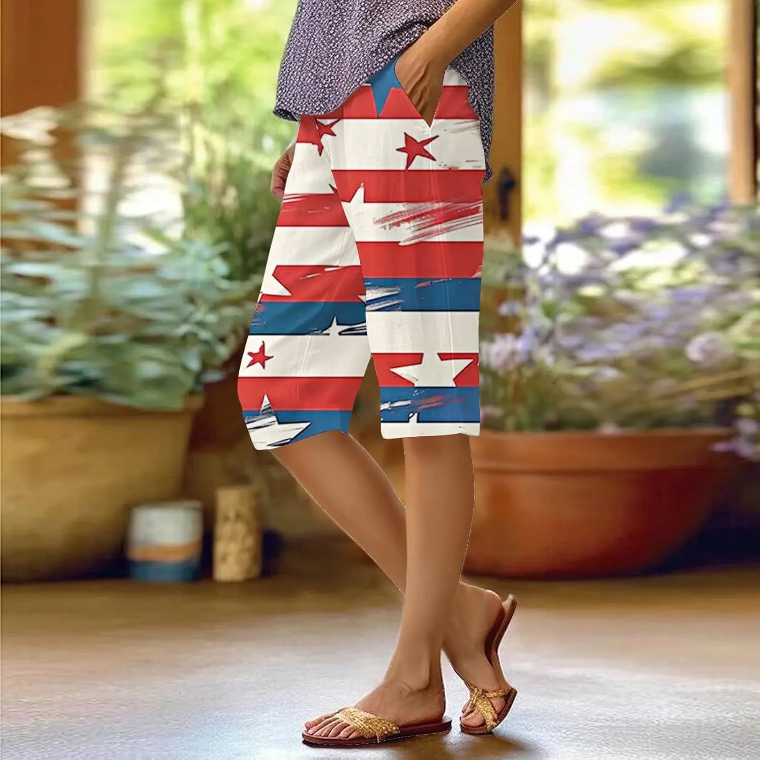 Womens 4th of July Wide Leg Capri Pants Summer High Waisted Pants Casual Loose Patriotic American Flag Printed Trousers