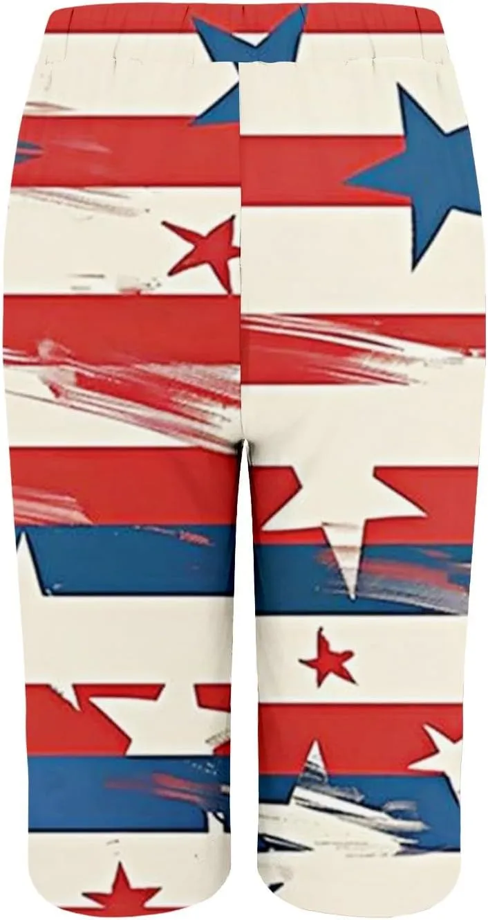Womens 4th of July Wide Leg Capri Pants Summer High Waisted Pants Casual Loose Patriotic American Flag Printed Trousers