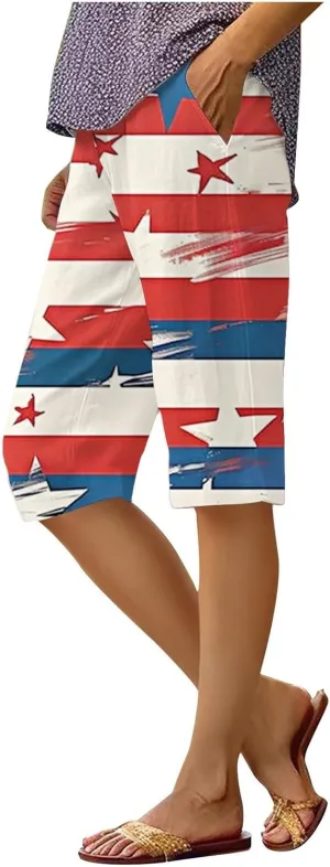 Womens 4th of July Wide Leg Capri Pants Summer High Waisted Pants Casual Loose Patriotic American Flag Printed Trousers