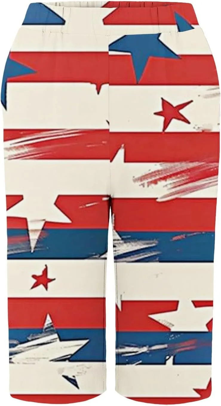 Womens 4th of July Wide Leg Capri Pants Summer High Waisted Pants Casual Loose Patriotic American Flag Printed Trousers