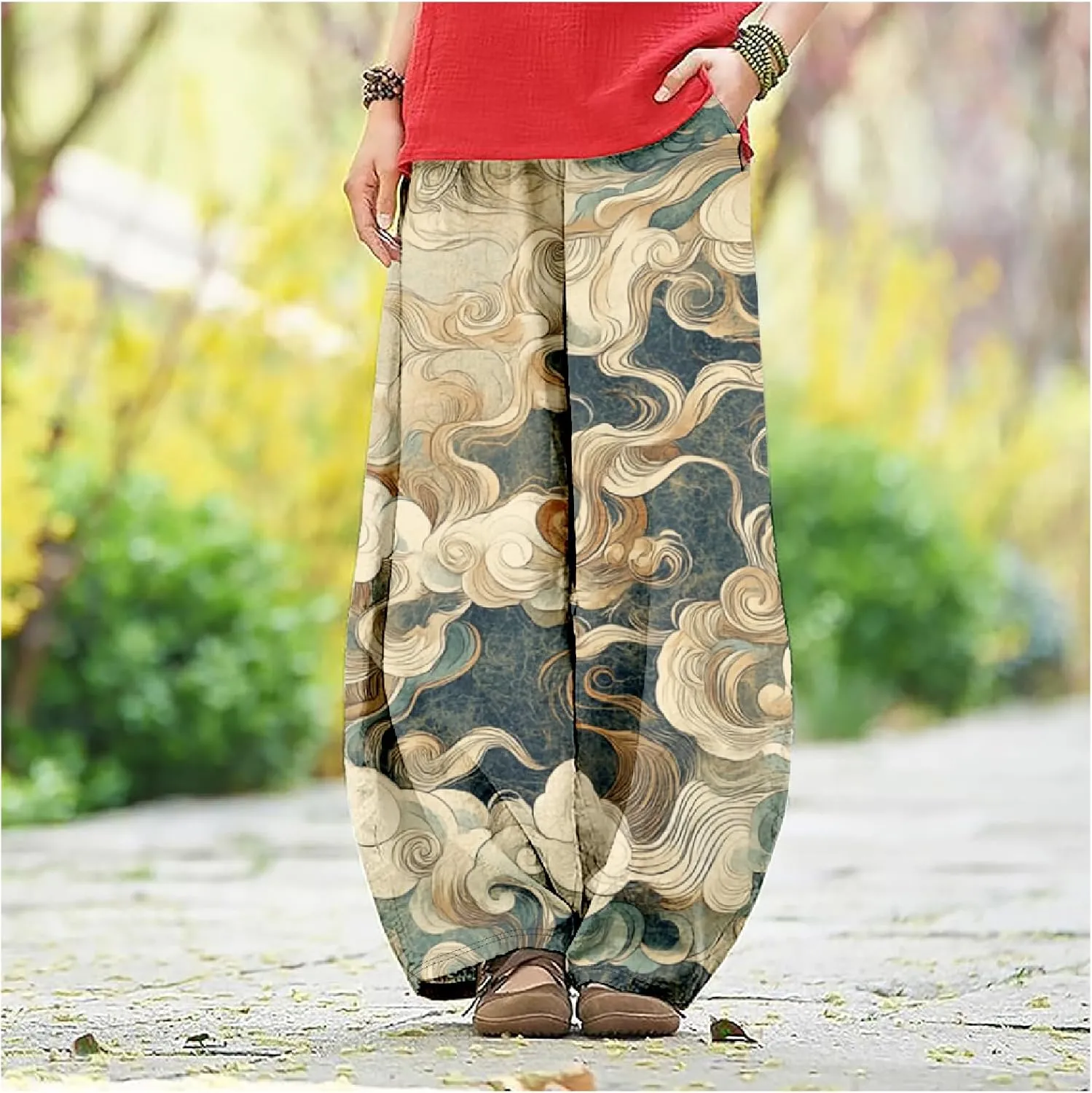 Womens Baggy Cotton Linen Blend Lantern Trousers Ladies Summer Casual Elastic Waist Hippie Wide Leg Palazzo Pants