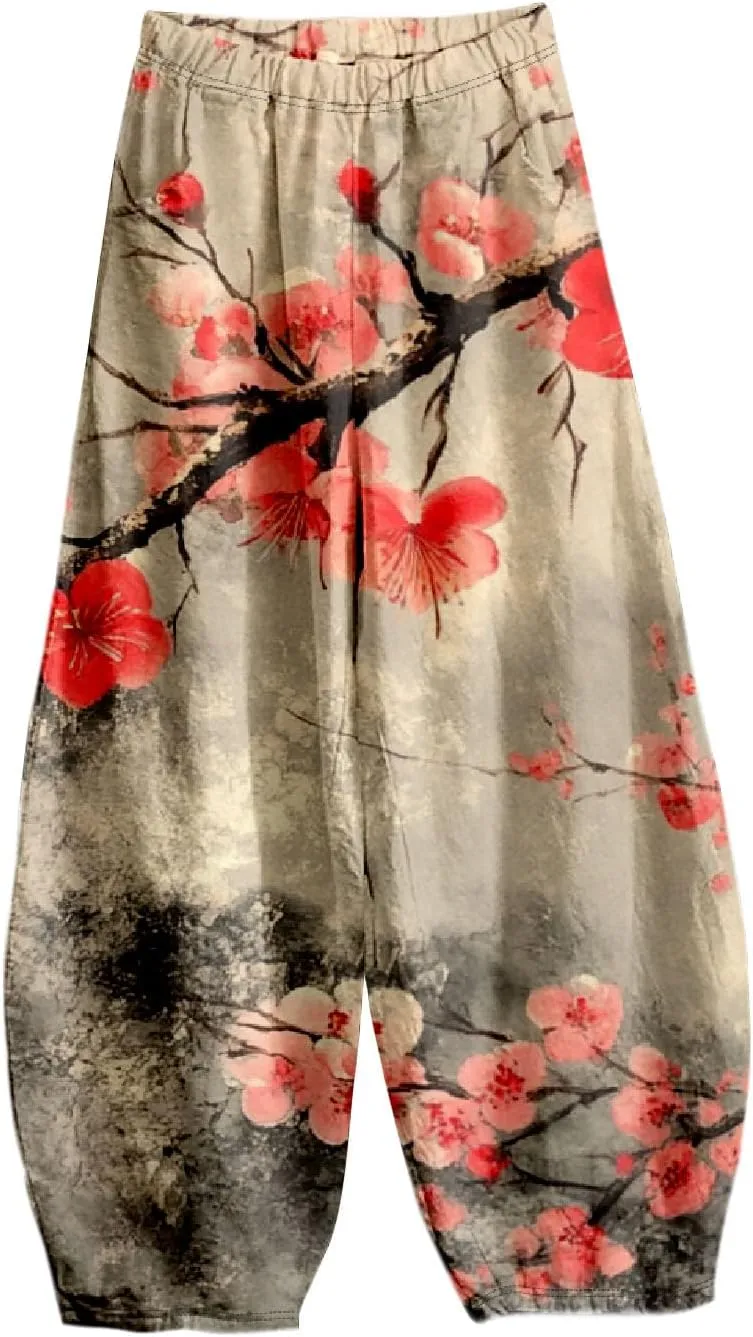 Womens Baggy Cotton Linen Blend Lantern Trousers Ladies Summer Casual Elastic Waist Hippie Wide Leg Palazzo Pants