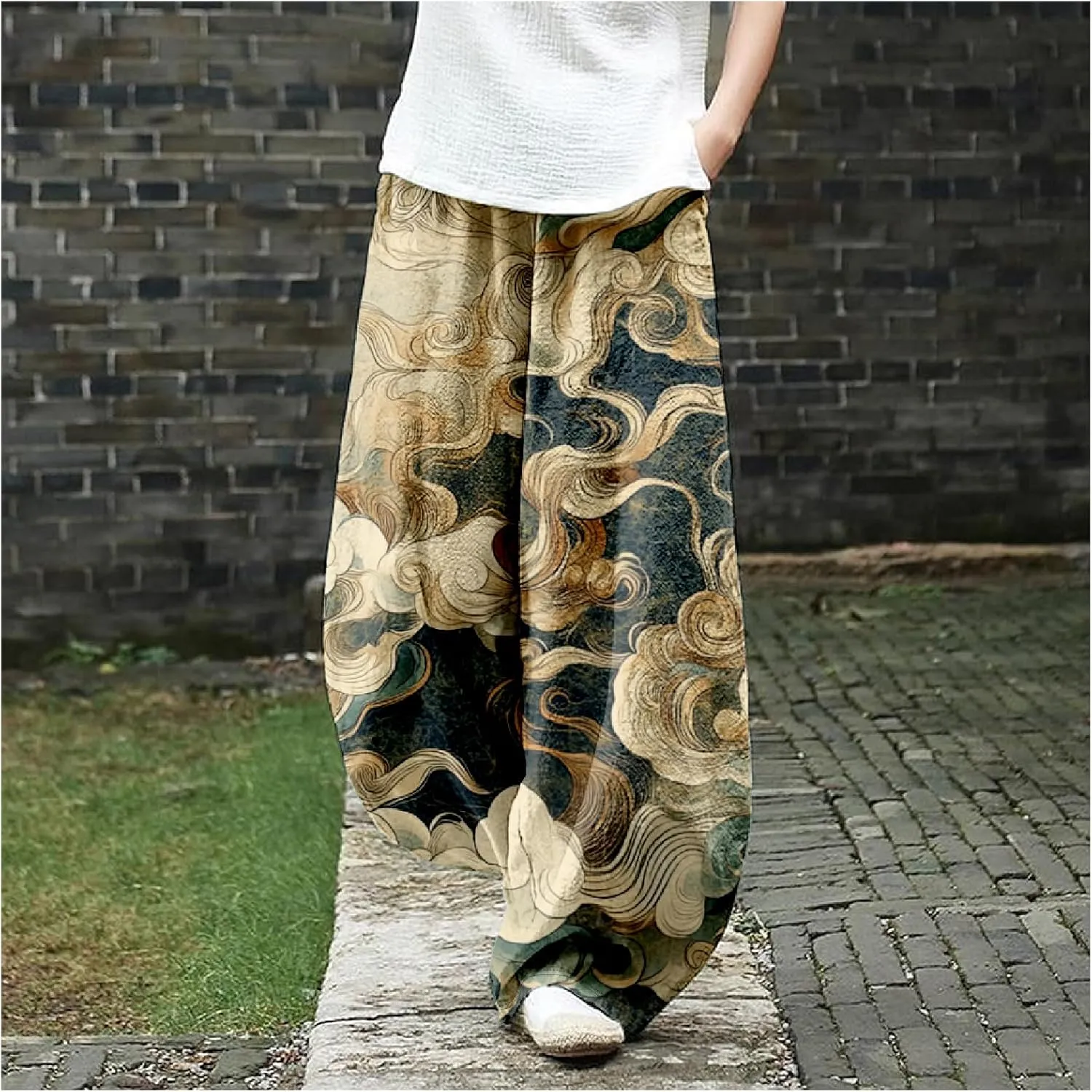 Womens Baggy Cotton Linen Blend Lantern Trousers Ladies Summer Casual Elastic Waist Hippie Wide Leg Palazzo Pants