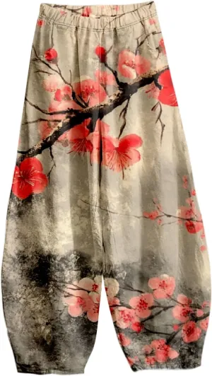 Womens Baggy Cotton Linen Blend Lantern Trousers Ladies Summer Casual Elastic Waist Hippie Wide Leg Palazzo Pants