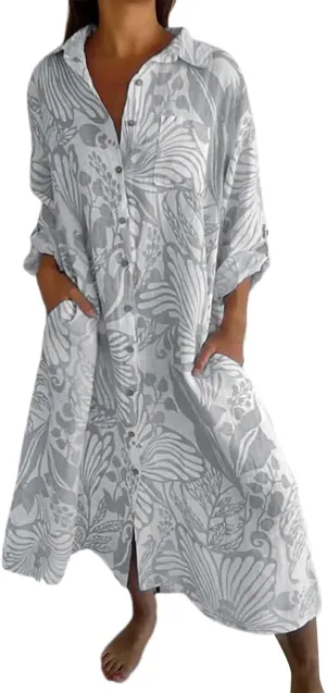 Womens Boho Shirt Dress Casual Summer Spring Floral Print Button Down Roll Up Sleeve Maxi Dress Beach Coverup Tunic