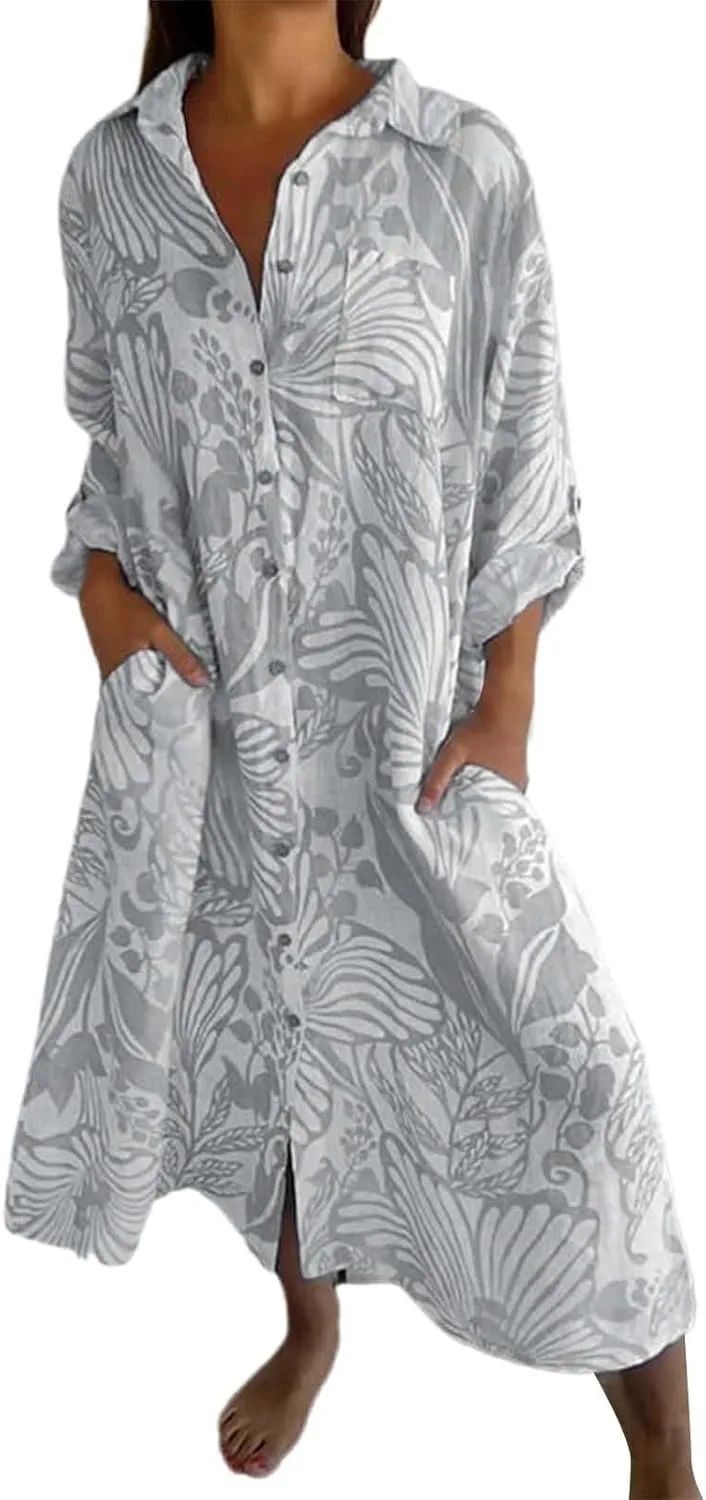 Womens Boho Shirt Dress Casual Summer Spring Floral Print Button Down Roll Up Sleeve Maxi Dress Beach Coverup Tunic