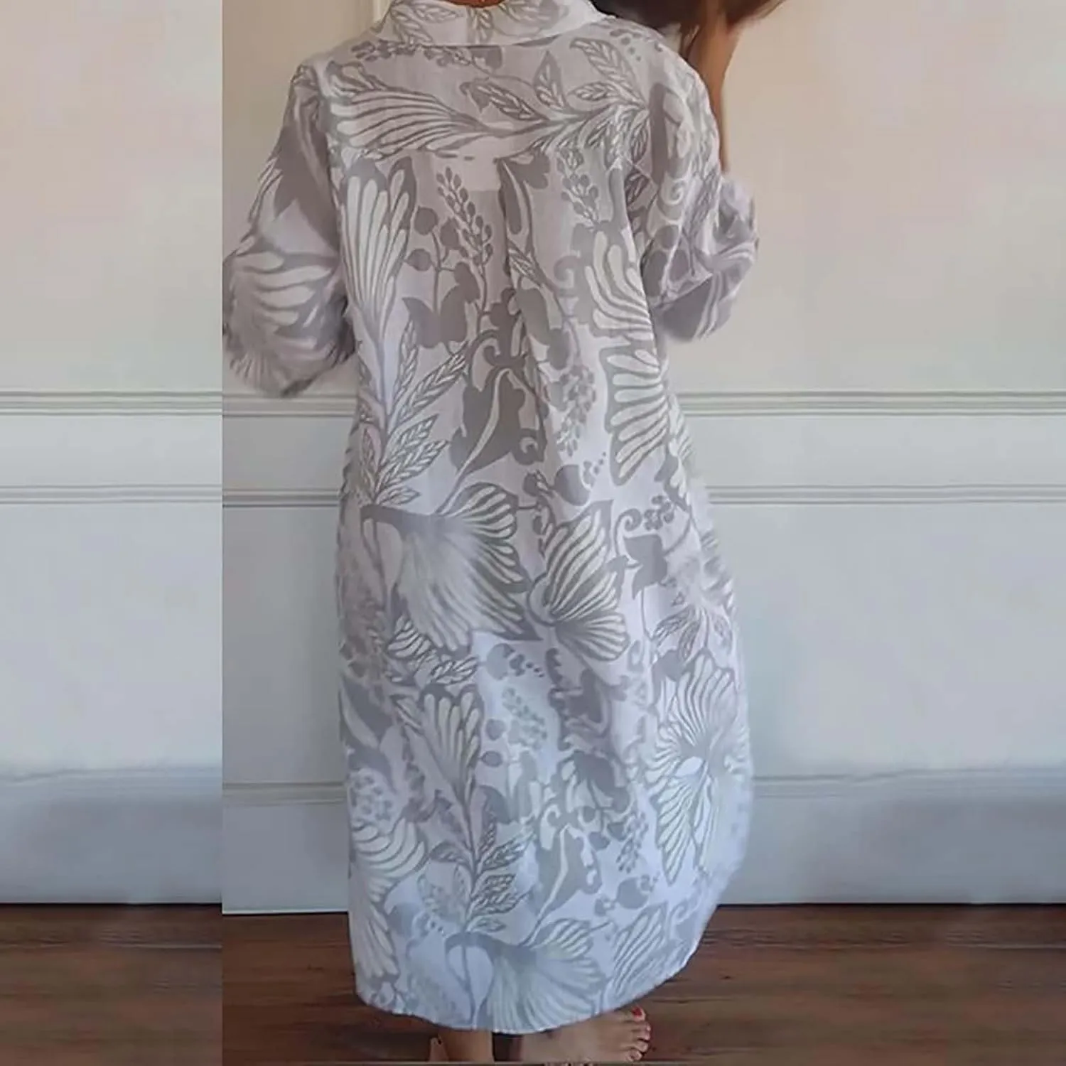 Womens Boho Shirt Dress Casual Summer Spring Floral Print Button Down Roll Up Sleeve Maxi Dress Beach Coverup Tunic