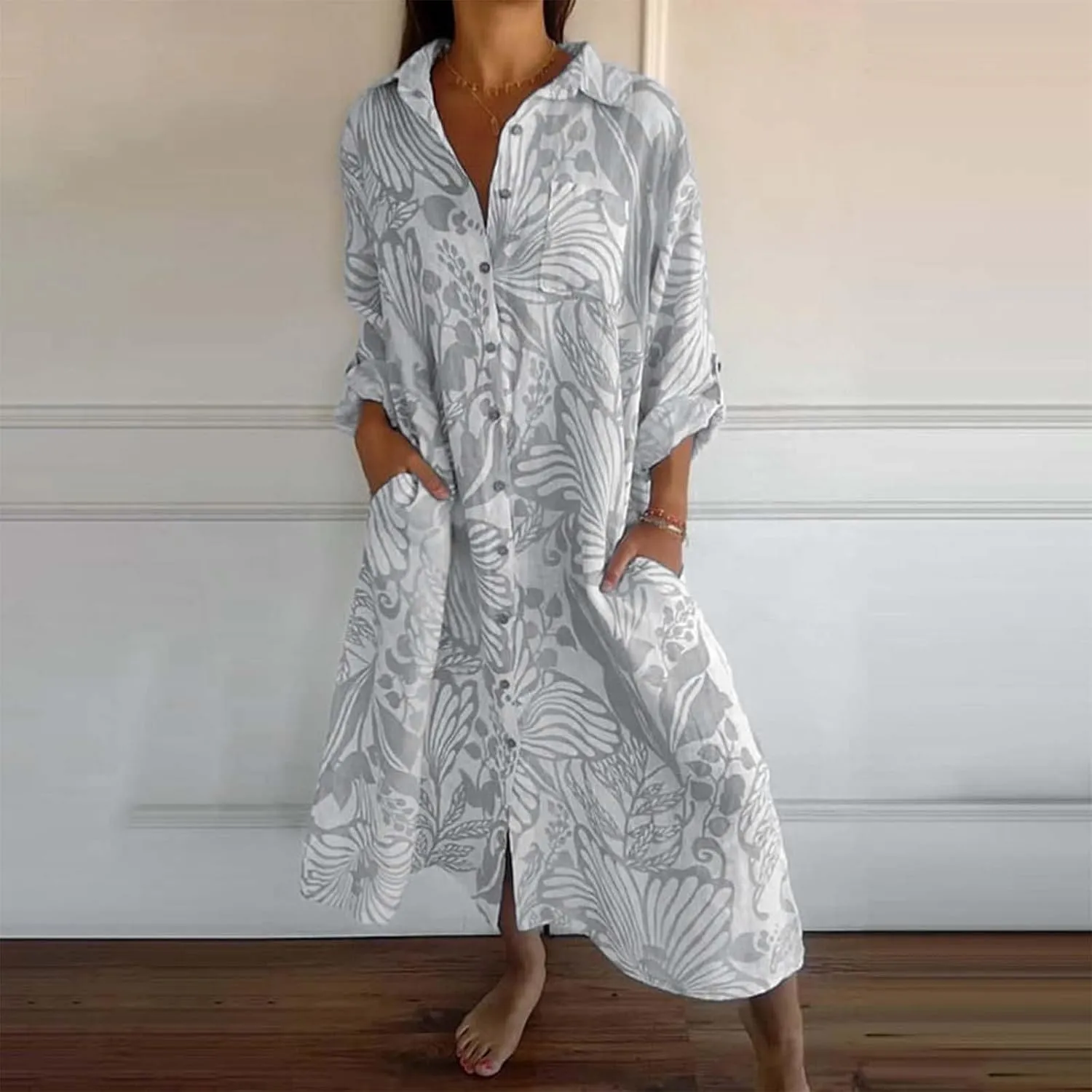 Womens Boho Shirt Dress Casual Summer Spring Floral Print Button Down Roll Up Sleeve Maxi Dress Beach Coverup Tunic