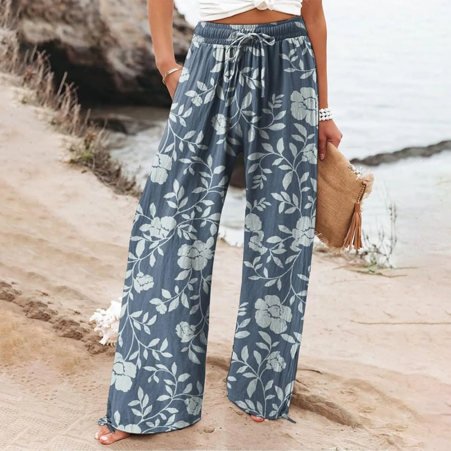 Women's Boho Wide Leg Palazzo Pants Womens Cotton Casual Loose Pants Comfy Work Pants with Long Casual Wide Leg