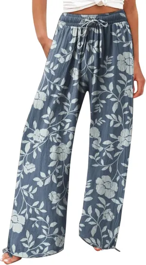 Women's Boho Wide Leg Palazzo Pants Womens Cotton Casual Loose Pants Comfy Work Pants with Long Casual Wide Leg