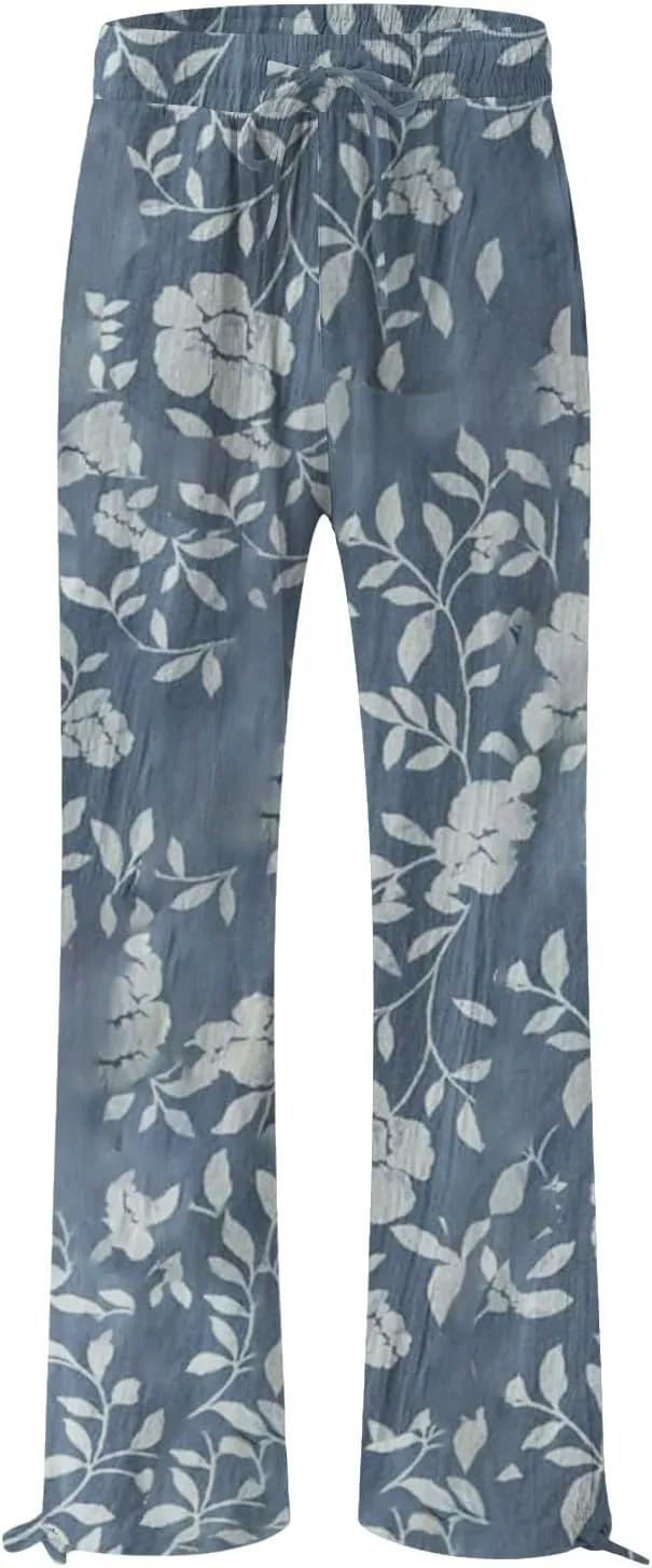 Women's Boho Wide Leg Palazzo Pants Womens Cotton Casual Loose Pants Comfy Work Pants with Long Casual Wide Leg