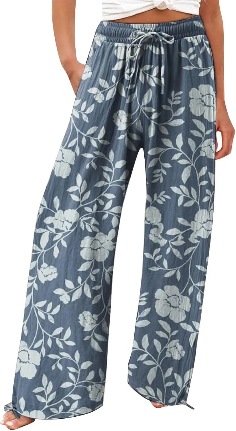 Women's Boho Wide Leg Palazzo Pants Womens Cotton Casual Loose Pants Comfy Work Pants with Long Casual Wide Leg
