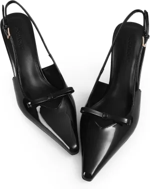 Women's Bow Pumps 2.8 in Kitten Heels Closed Pointed Toe V-Cut Slingback Faux Patent Leather