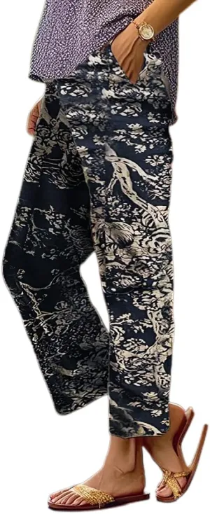 Womens Casual Boho Floral Cotton Linen Pants Elastic Waist Drawstring Summer Beach Baggy Trousers with Pockets
