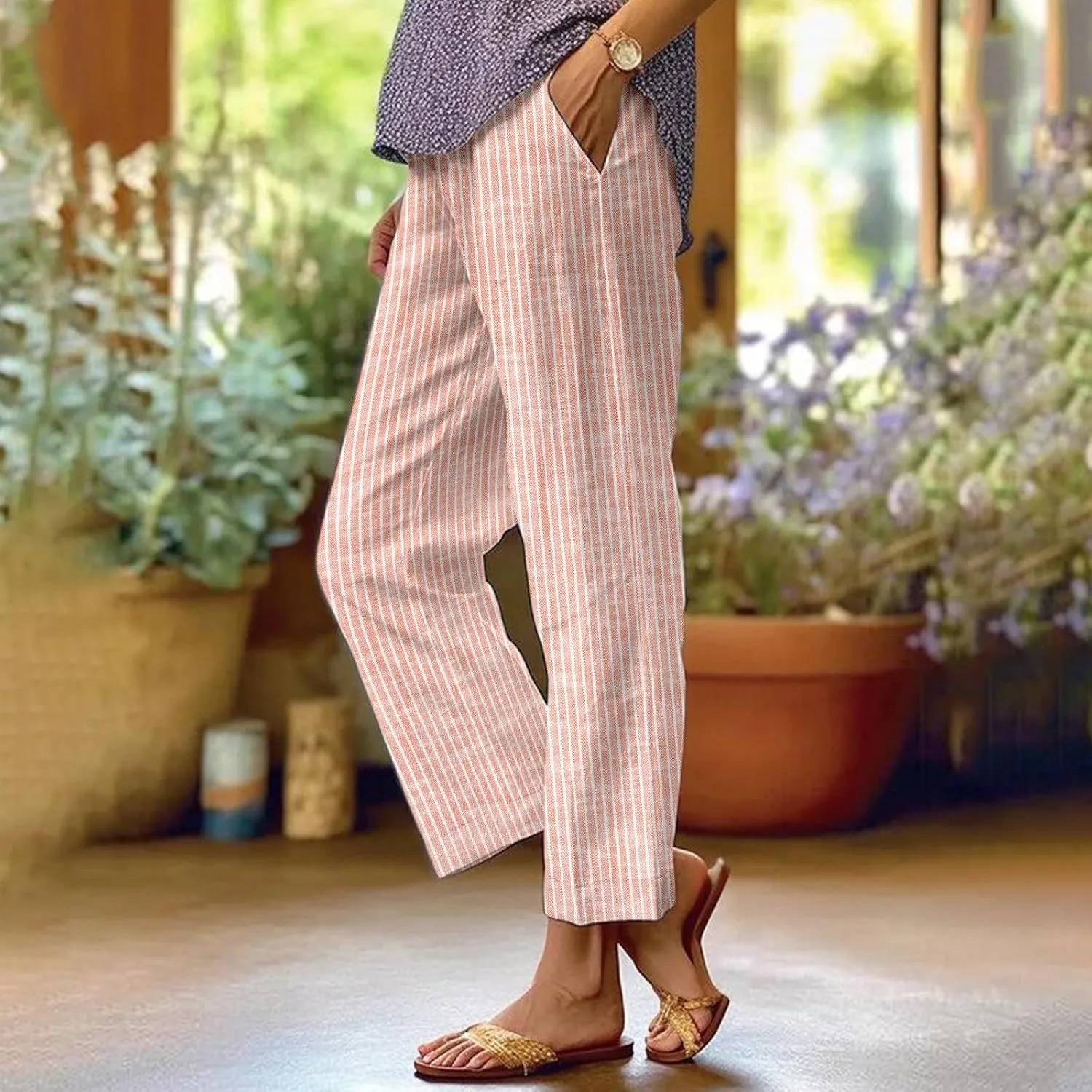 Women's Casual Boho Floral Print Cotton Linen Pants Elastic Waisted Drawstring Summer Spring Beach Baggy Capri