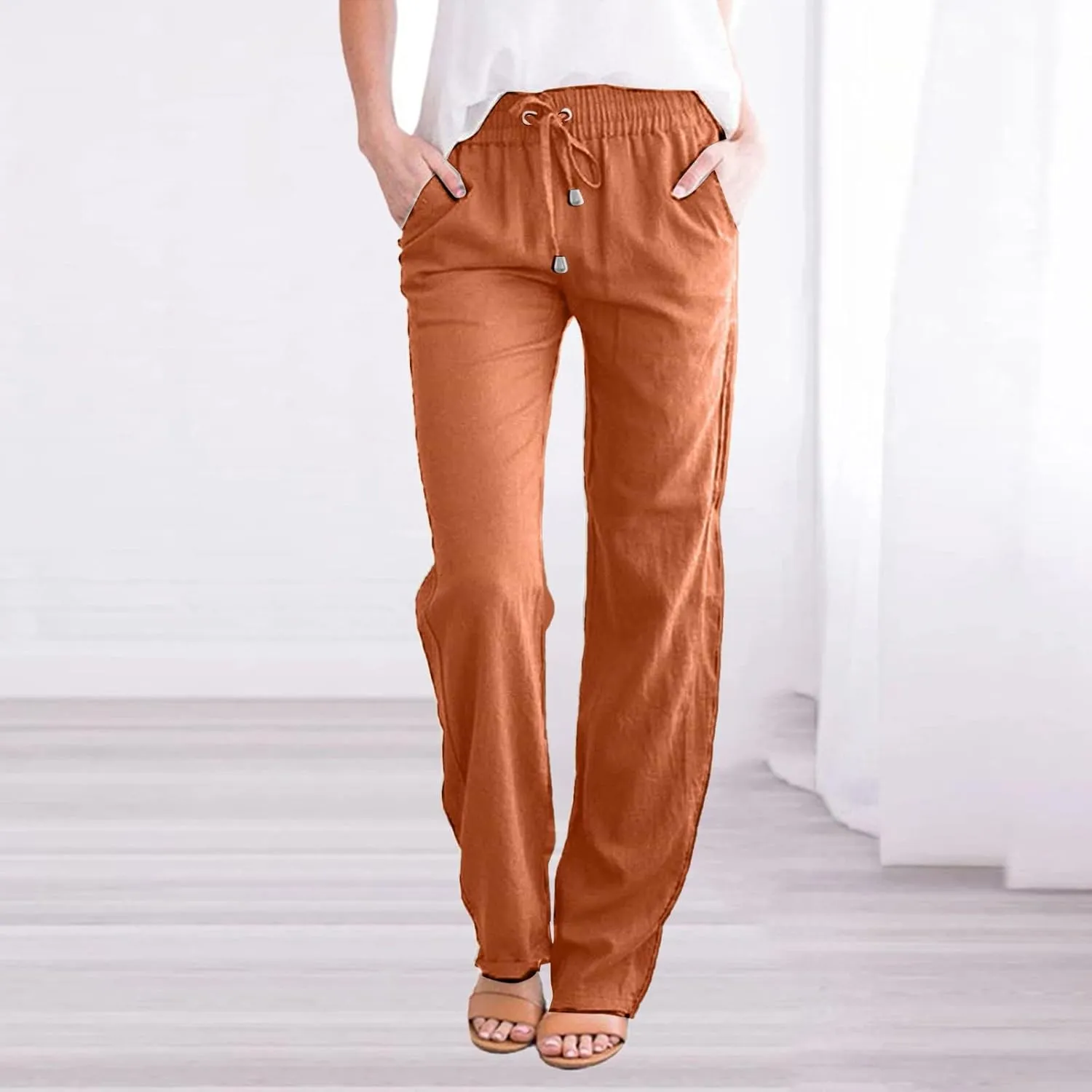 Womens Casual Summer Beach Cotton Linen Pants Lightweight Elastic Waist Drawstring Plus Size Workout Lounge Trousers