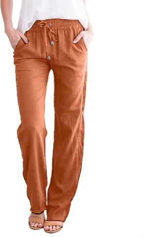 Womens Casual Summer Beach Cotton Linen Pants Lightweight Elastic Waist Drawstring Plus Size Workout Lounge Trousers